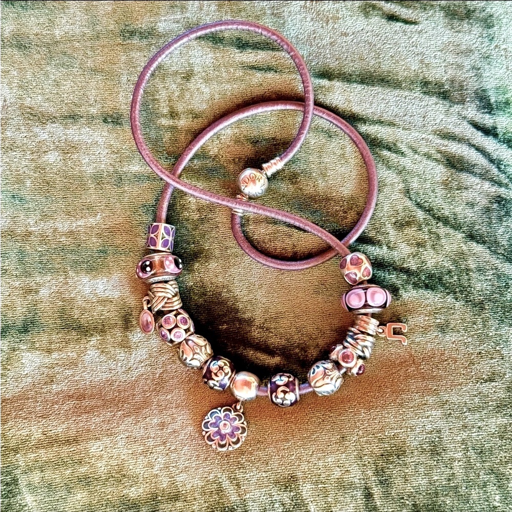 Pandora Moments Purple Leather Necklace With Pandora Charms